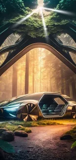 Futuristic car in a lush forest setting with sunlight filtering through trees.