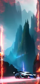 Futuristic car racing through mystical canyon with lightning.