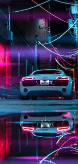 White sports car in a neon-lit alley at night, reflecting vibrant colors.