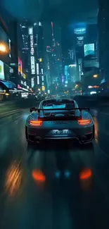 Futuristic car driving through a neon-lit city at night.