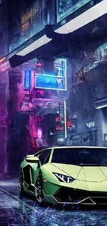 Futuristic sports car in neon-lit cityscape at night.