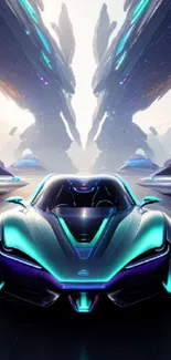 Futuristic neon car in a sci-fi cityscape setting.