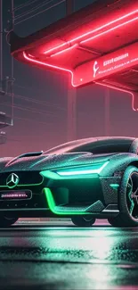 Futuristic car with neon lights in a vibrant, cyberpunk cityscape.