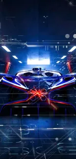 Futuristic sports car in neon blue garage lighting.