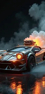 Futuristic car with neon lights and smoke.