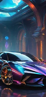 Futuristic car with neon colors in an elegant palace setting.