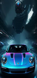 Futuristic sports car in a neon-lit tunnel, ideal mobile wallpaper.