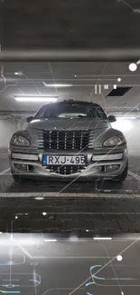 Futuristic car parked in a dimly lit garage with holographic tech elements.