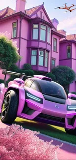 Futuristic pink car in front of a pink house with a drone overhead.