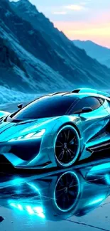 Futuristic sports car reflecting on a scenic mountain backdrop.