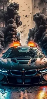 Futuristic sports car with smoke and lights in an urban setting.