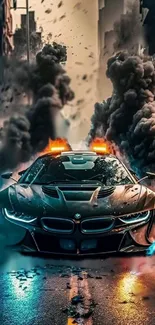 A futuristic car drives through smoke in an urban setting at night.