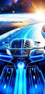Futuristic car drives on neon track in space.