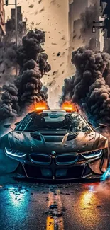 Futuristic car speeding through urban smoke.