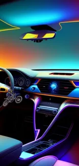 Futuristic car interior with vibrant neon colors and sleek design.