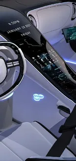 Futuristic car interior with digital displays.