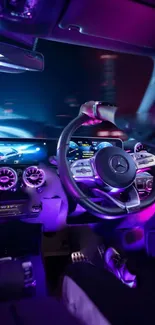 Futuristic car interior with neon lights and modern dashboard.