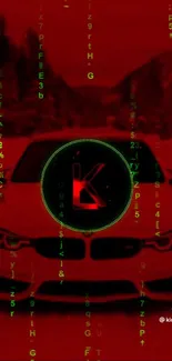 Futuristic car with matrix code on red background wallpaper.