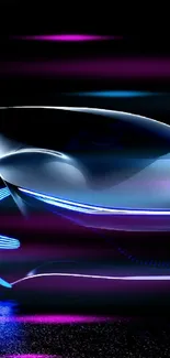 Futuristic car with blue neon lights on a black background.