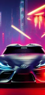 Futuristic car with neon lights in a vibrant cityscape at night.