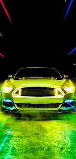 Futuristic car with neon green glow and sleek design in mobile wallpaper.