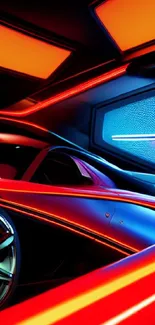 Futuristic car with red and blue neon lights in a modern setting.