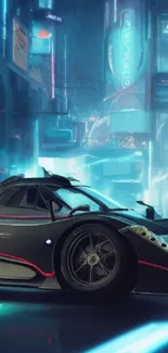 Futuristic car in neon-lit cityscape at night.