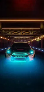 Futuristic car driving through neon tunnel.