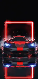 Futuristic car with red neon lights in a dark background.