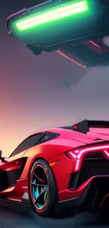 Futuristic car with neon lights under an alien spacecraft at sunset.