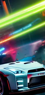 Futuristic car under neon lights in a vibrant cityscape.