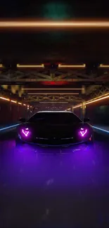 Futuristic car with neon lights in a dark urban setting.