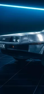 Futuristic car with neon lights on a dark background, creating a retro vibe.