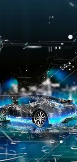 Futuristic car with neon lights and water background on mobile wallpaper.