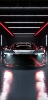 Futuristic car with neon lights in dark background.