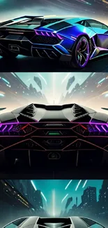 Futuristic neon sports car wallpaper showcasing vibrant cityscape.