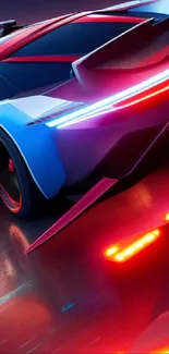 Futuristic car with neon lights in vibrant blue hues.