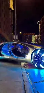 Futuristic car with neon lights in a city night view.