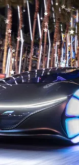 Futuristic car driving through city at night with glowing lights.