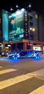 Futuristic car with blue neon lights on urban street at night