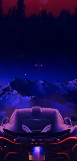 Futuristic car with glowing tail lights against a starry night mountain backdrop.