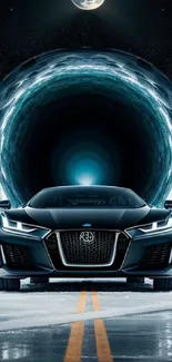 Futuristic car set against a cosmic tunnel background.