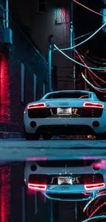 Sleek car in neon-lit alley with vibrant reflections.