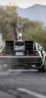 Futuristic car on a scenic road with a nostalgic touch.