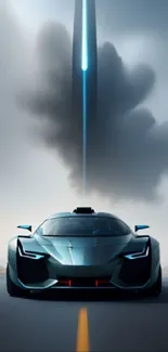 Futuristic car on a road under a dramatic sky with a striking light beam.