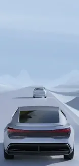 Futuristic car drives on a minimalist road under a light blue sky.