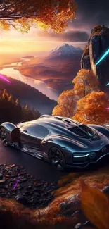 Futuristic car parked at sunset in breathtaking landscape.