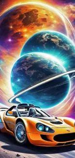 Futuristic orange sports car in vibrant space scene.