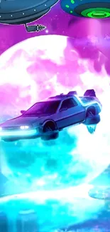 Futuristic car flying through neon space scene.