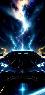 A futuristic car drives through cosmic space with lightning effects.